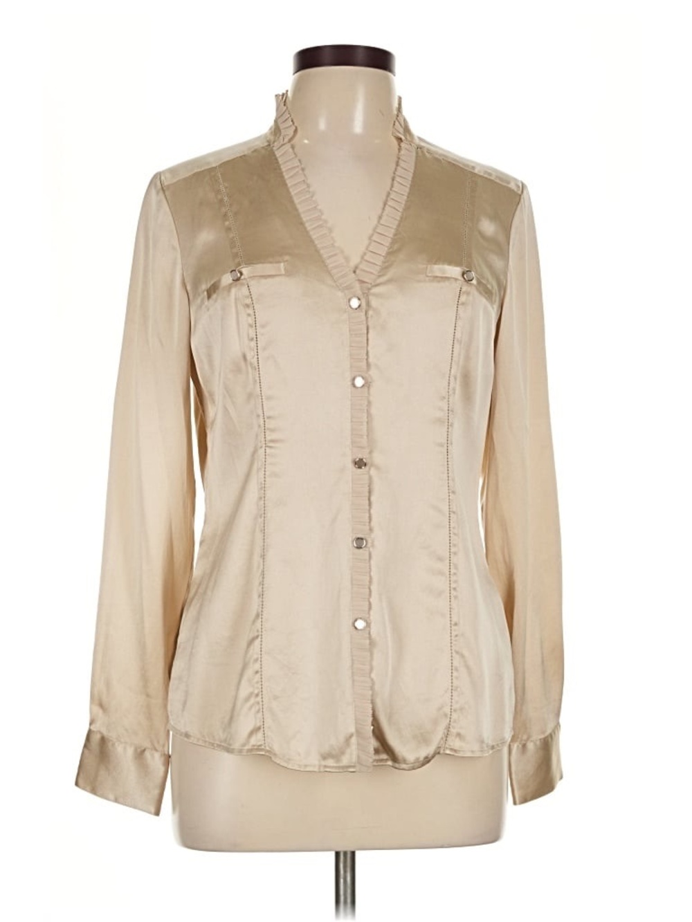 White House Black Market Champagne Silk Ruffle-Trim Blouse